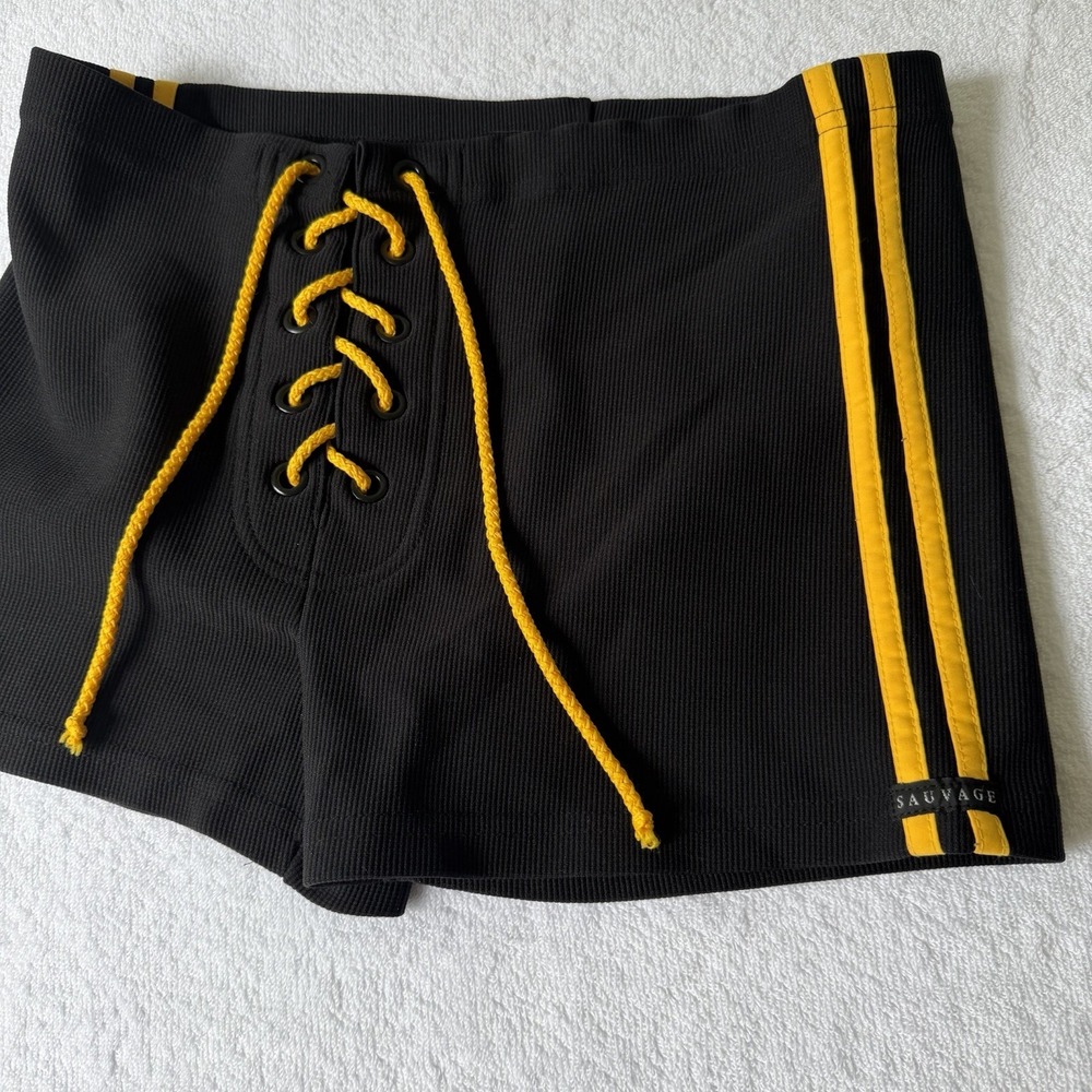 SAUVAGE Mens Swim Shorts Large Football Lace Up Black Yellow Rave Festival Euro